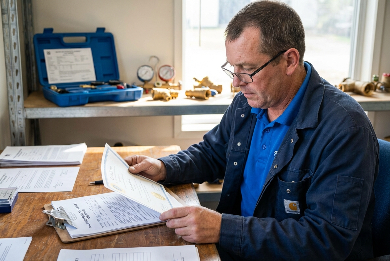Professional backflow tester examining certification documents at a desk with testing equipment visible in background
