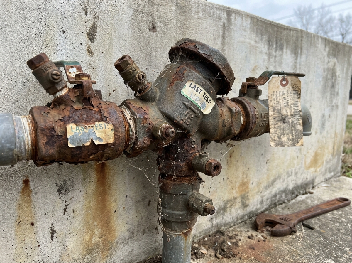 Backflow prevention device with visible rust and poor maintenance, showing signs of improper testing or neglect