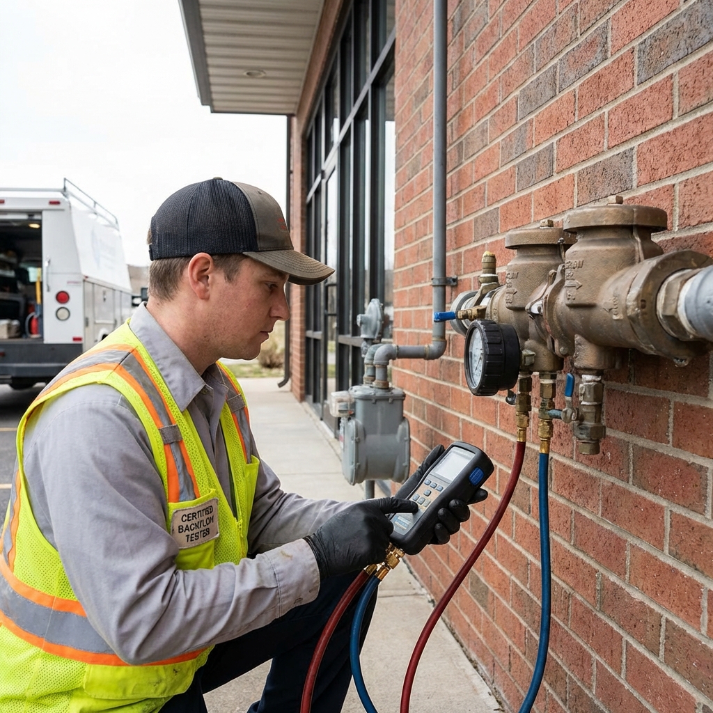 Certified tester using digital gauge equipment to test a commercial backflow preventer mounted on building exterior