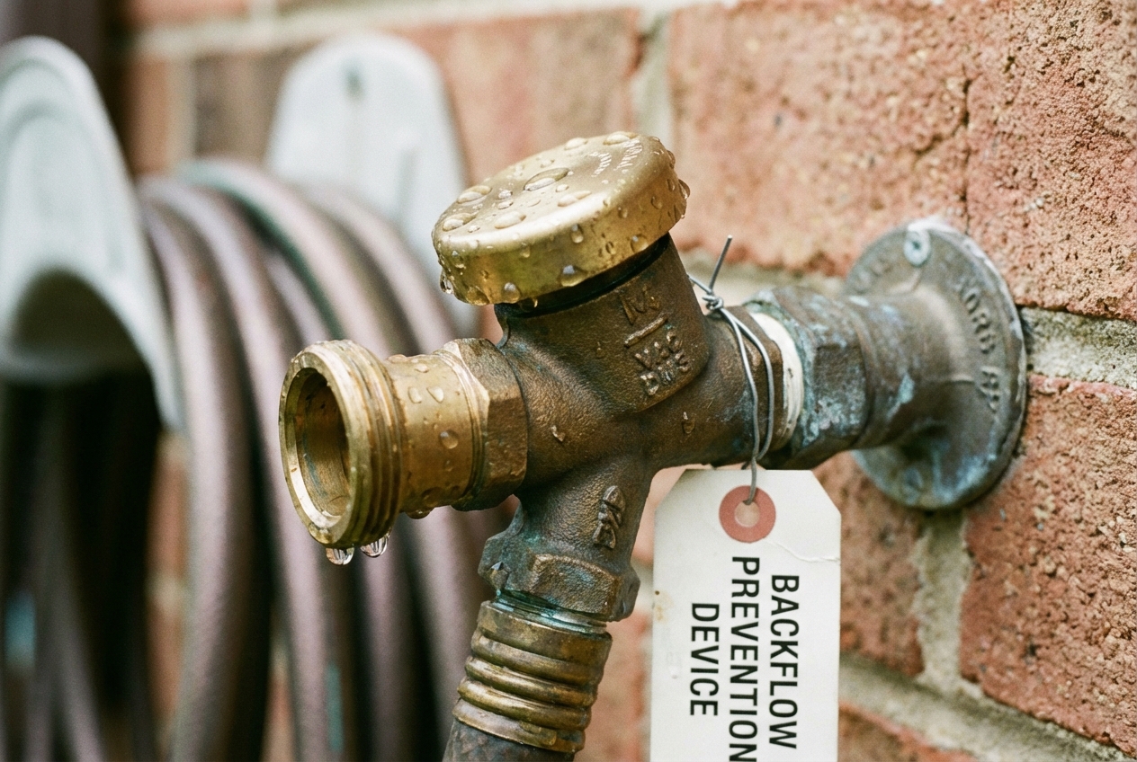 Close-up view of a brass atmospheric vacuum breaker installed on an outdoor hose bib with water droplets visible