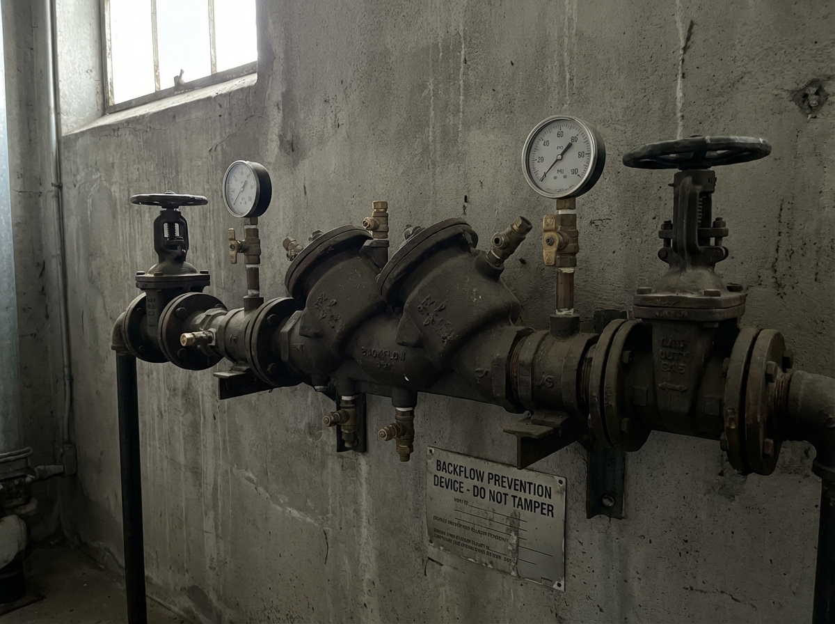 Large industrial RPZ backflow preventer with pressure gauges and test ports mounted on concrete wall