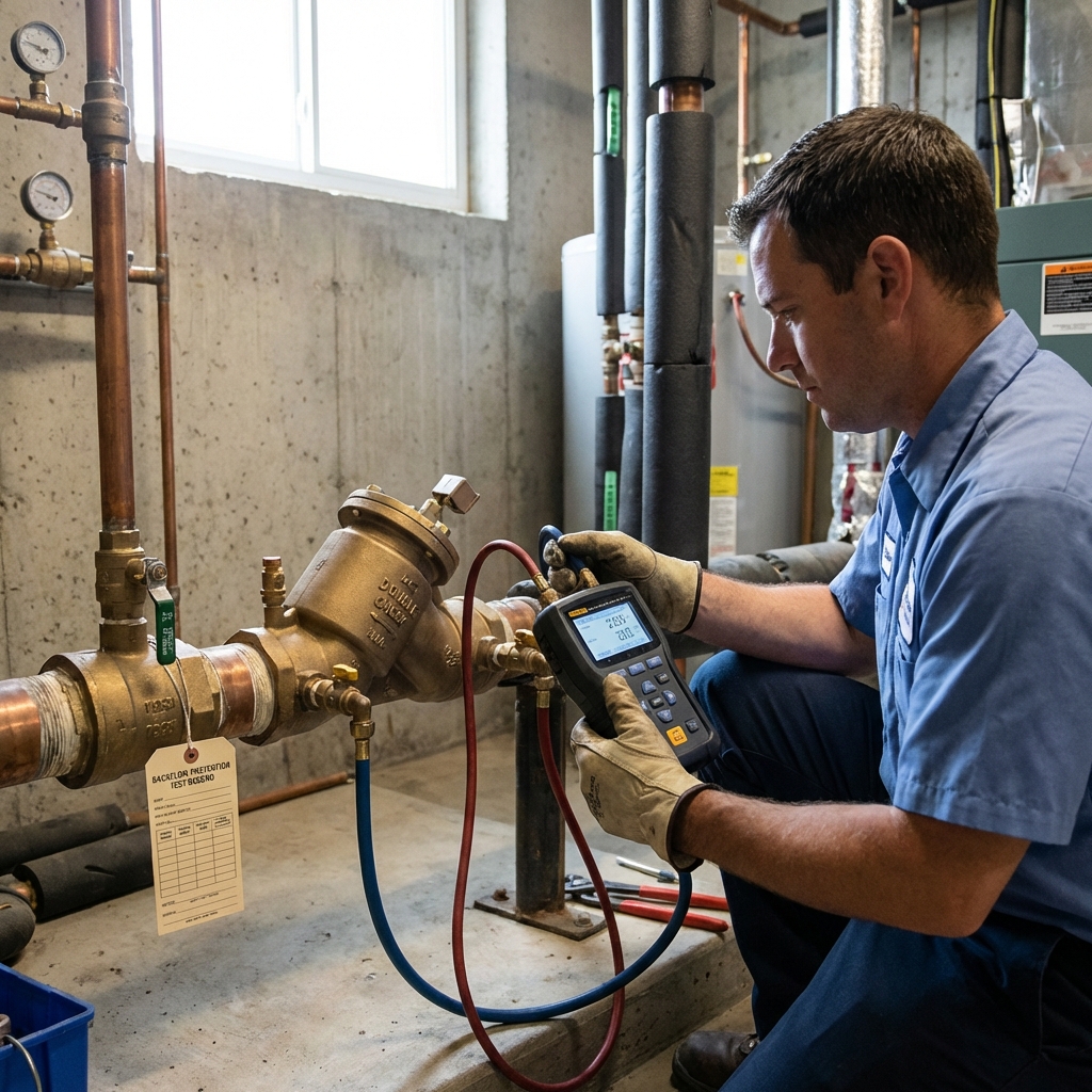 Professional plumber testing a double check valve assembly with electronic test equipment in mechanical room