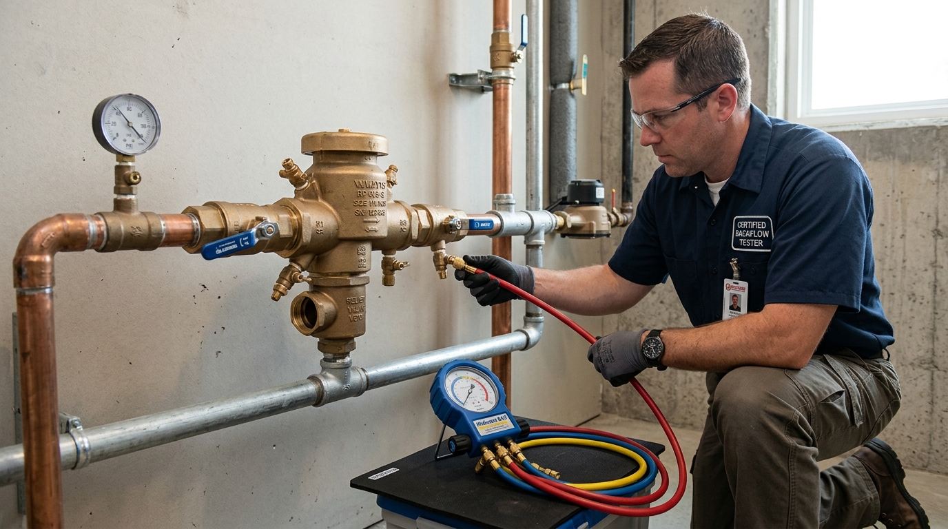 Certified backflow tester connecting a differential pressure gauge kit to a brass backflow prevention assembly for annual testing