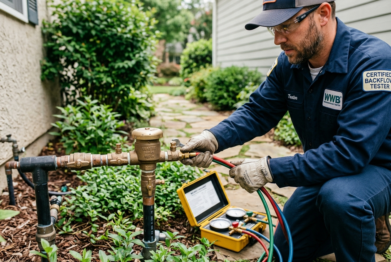 Certified tester connecting a differential pressure gauge kit to a brass pressure vacuum breaker on a residential irrigation line