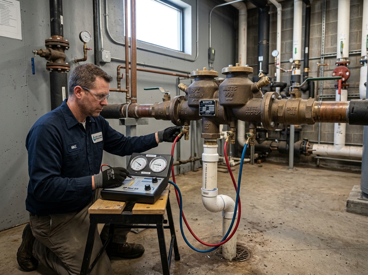 Technician testing a large reduced pressure zone assembly in a commercial building mechanical room with visible test gauges and drain piping