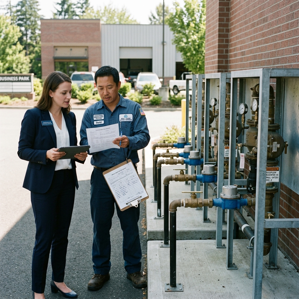 Property manager reviewing a backflow test report with a certified tester next to a row of metered water connections at a commercial property