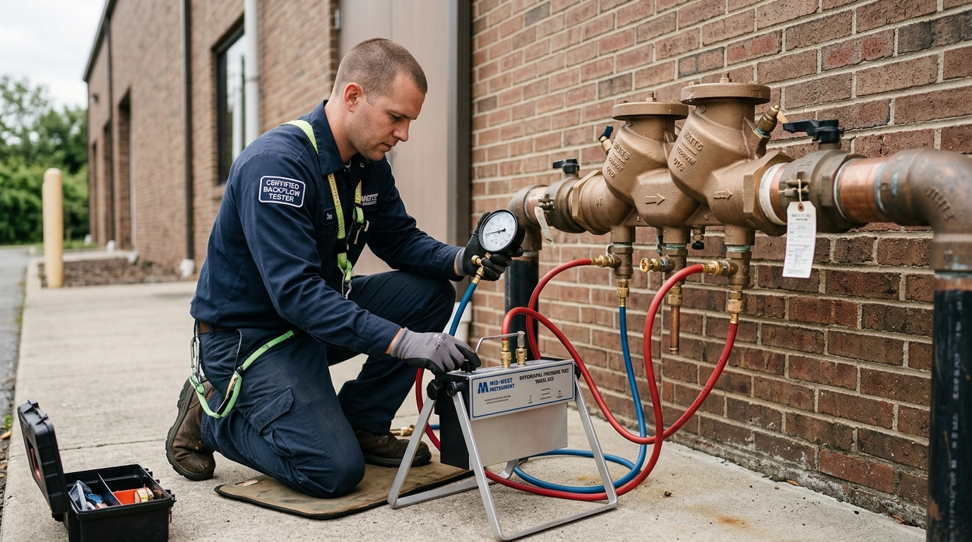 Certified backflow tester kneeling beside an above-ground reduced pressure zone backflow preventer with a differential pressure test kit connected to the test cocks