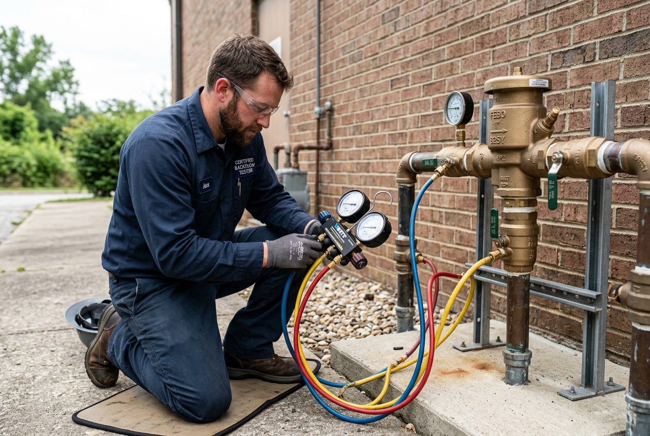 Certified backflow tester kneeling beside an above-ground reduced pressure zone backflow preventer with a differential pressure test kit connected to the test cocks