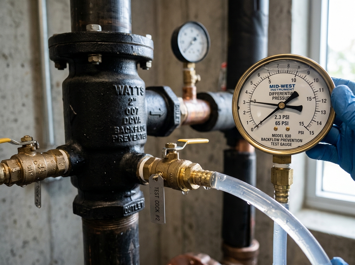 Close-up of a differential pressure test gauge connected to the test cocks on a double check valve assembly showing pressure readings during inspection