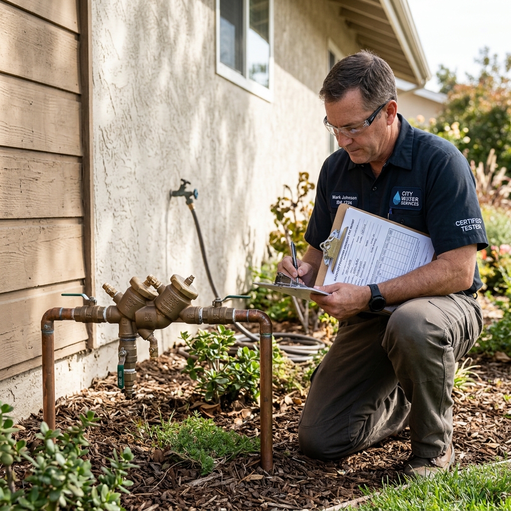 Backflow tester filling out a test report form on a clipboard next to an irrigation system backflow preventer on the side of a residential property