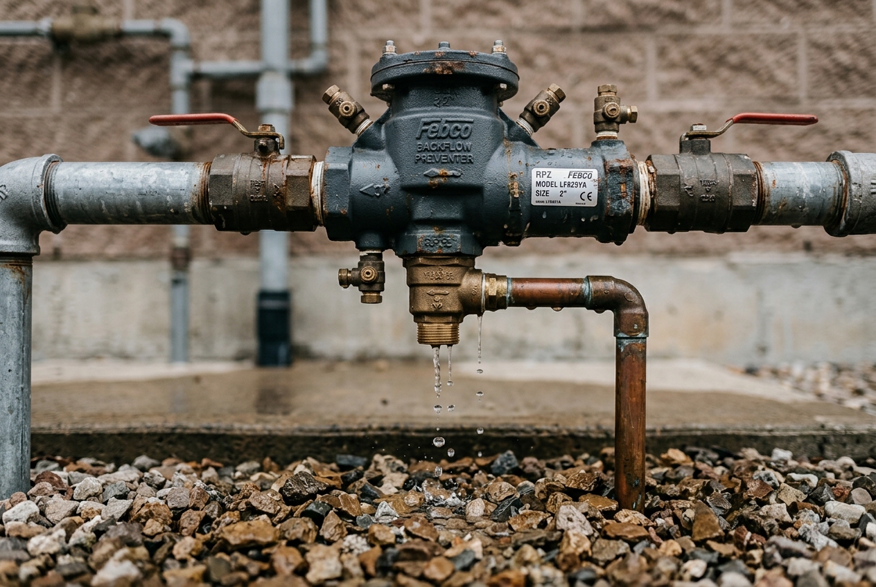 Close-up of an RPZ backflow preventer mounted on a pipe with water dripping from its relief valve onto a gravel pad