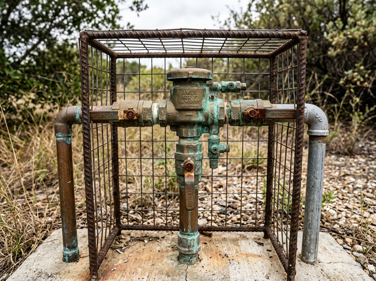 An outdoor above-ground backflow preventer assembly showing green corrosion buildup on brass fittings and a weathered protective cage