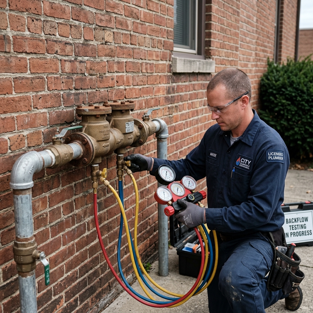 A licensed plumber using a backflow test kit with pressure gauges connected to test cocks on a double check valve assembly mounted near a building wall
