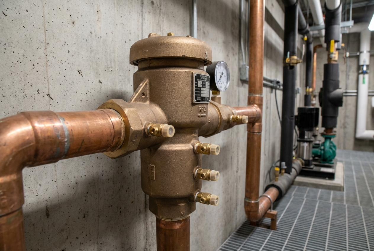 RPZ backflow preventer assembly installed in a commercial building mechanical room with copper piping and test cocks visible