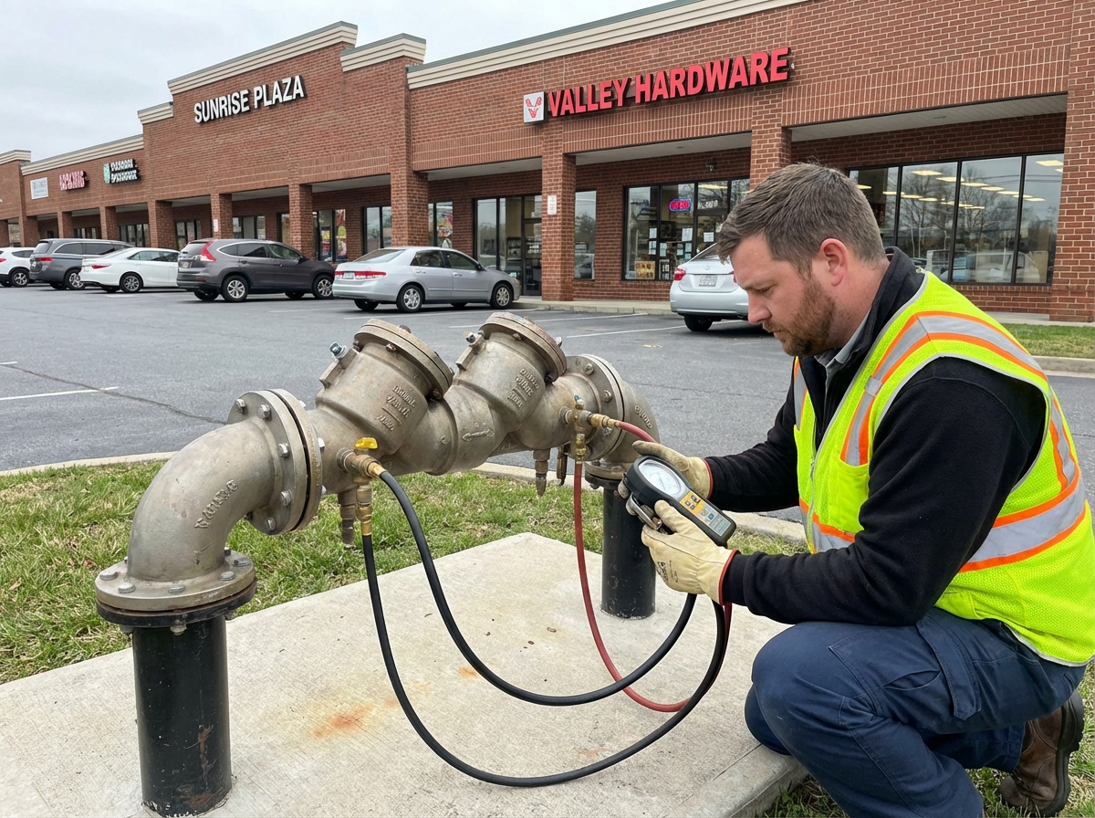 Certified backflow tester using a differential pressure gauge to test a double check valve assembly outside a commercial strip mall