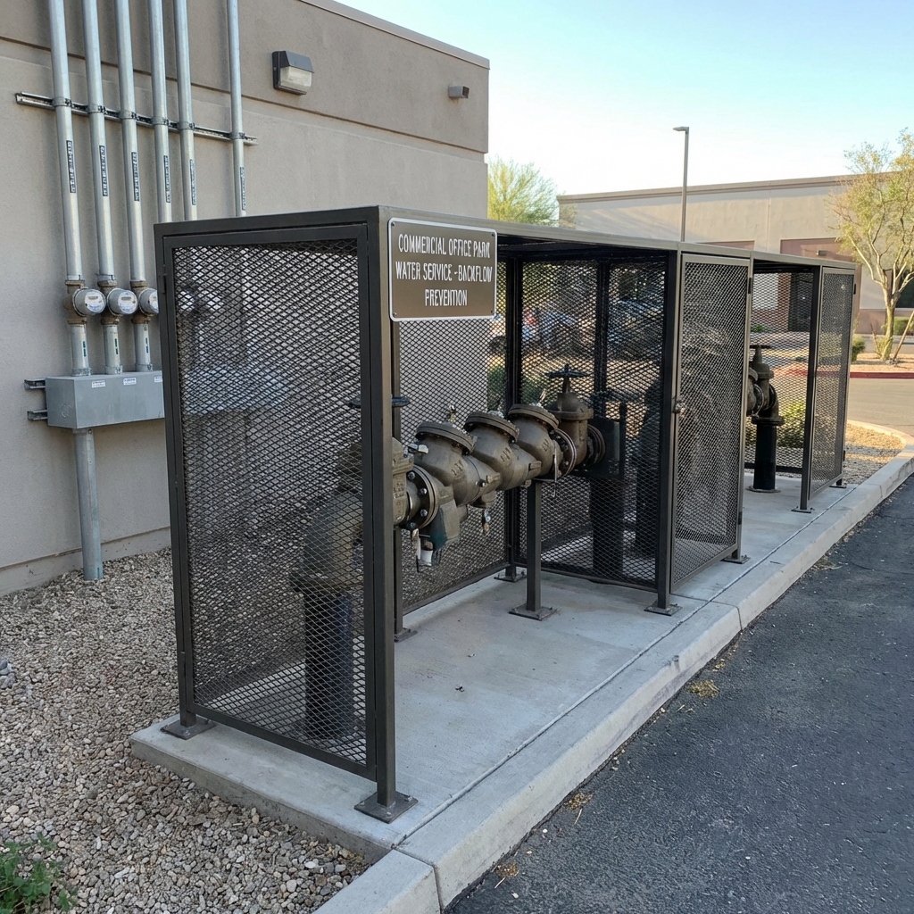 Row of large RPZ backflow assemblies with protective cages installed at the water meter bank of a multi-tenant commercial office park