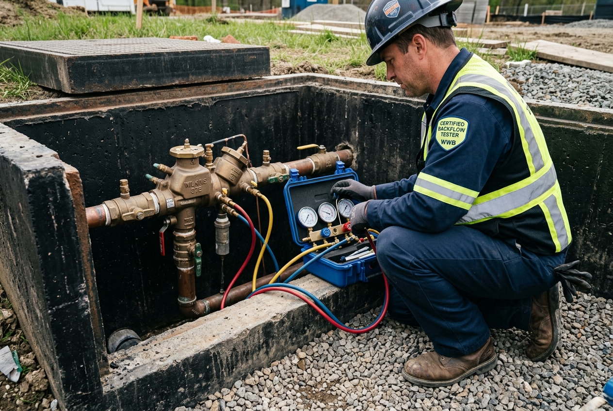 A certified tester crouching beside an RPZ backflow preventer installed in an underground vault box, test kit gauges attached