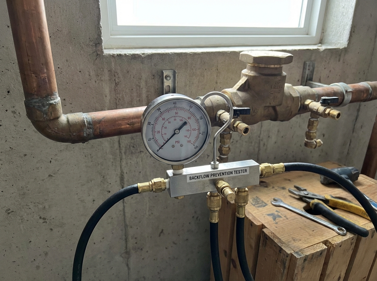 Close-up of a differential pressure test gauge kit connected to the test cocks on a double check valve assembly mounted on a wall