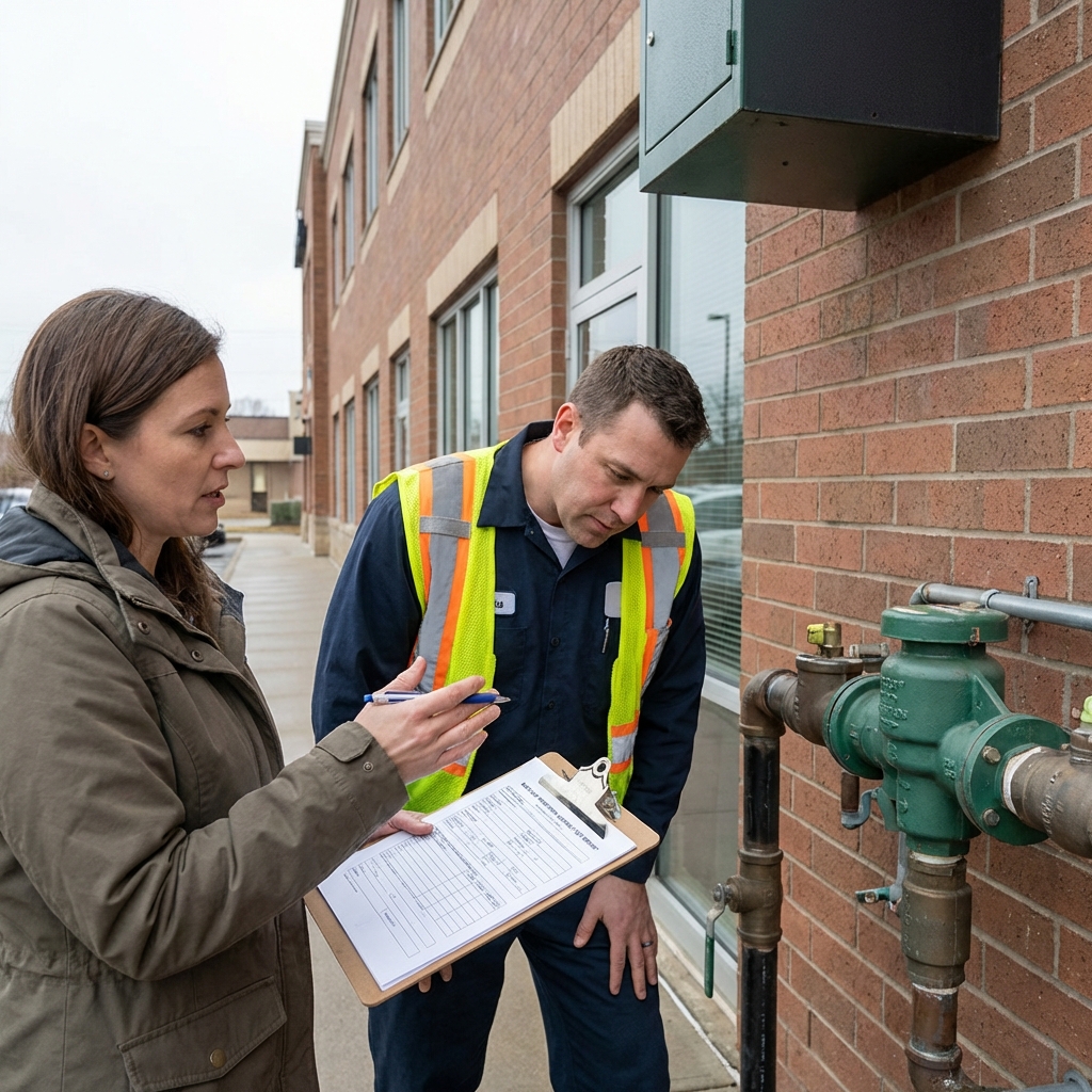 A property manager reviewing a completed backflow test report on a clipboard with the tester outside a commercial building