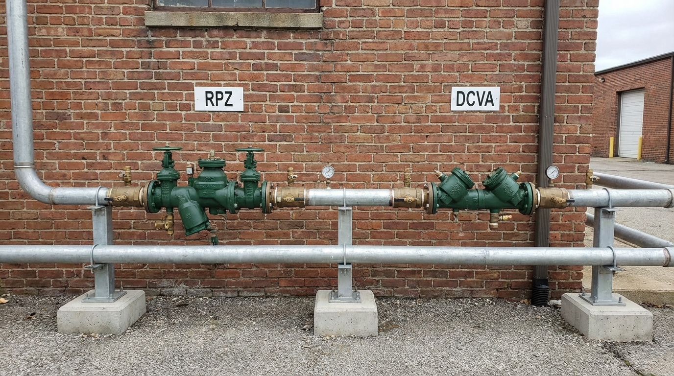 Side-by-side comparison of an RPZ and DCVA backflow preventer assembly mounted on exterior pipes near a commercial building
