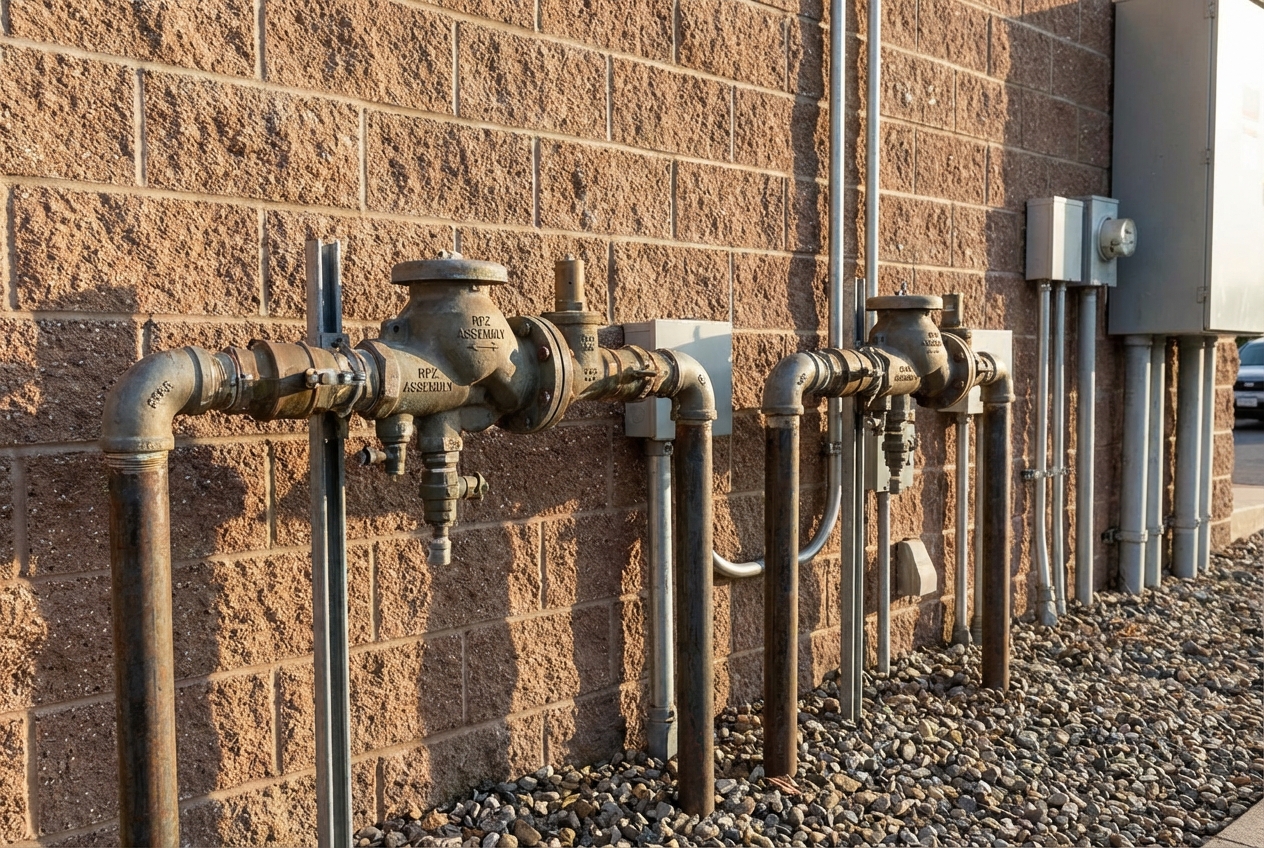 Side-by-side comparison of an RPZ and DCVA backflow preventer assembly mounted on exterior pipes near a commercial building