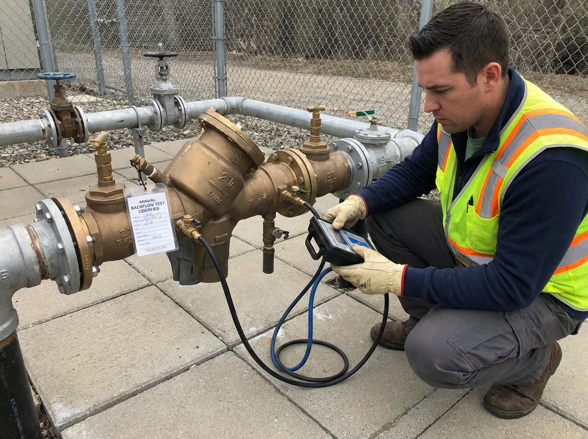 A certified backflow tester performing an annual test on a 2-inch RPZ assembly using a differential pressure test kit in an outdoor mechanical area