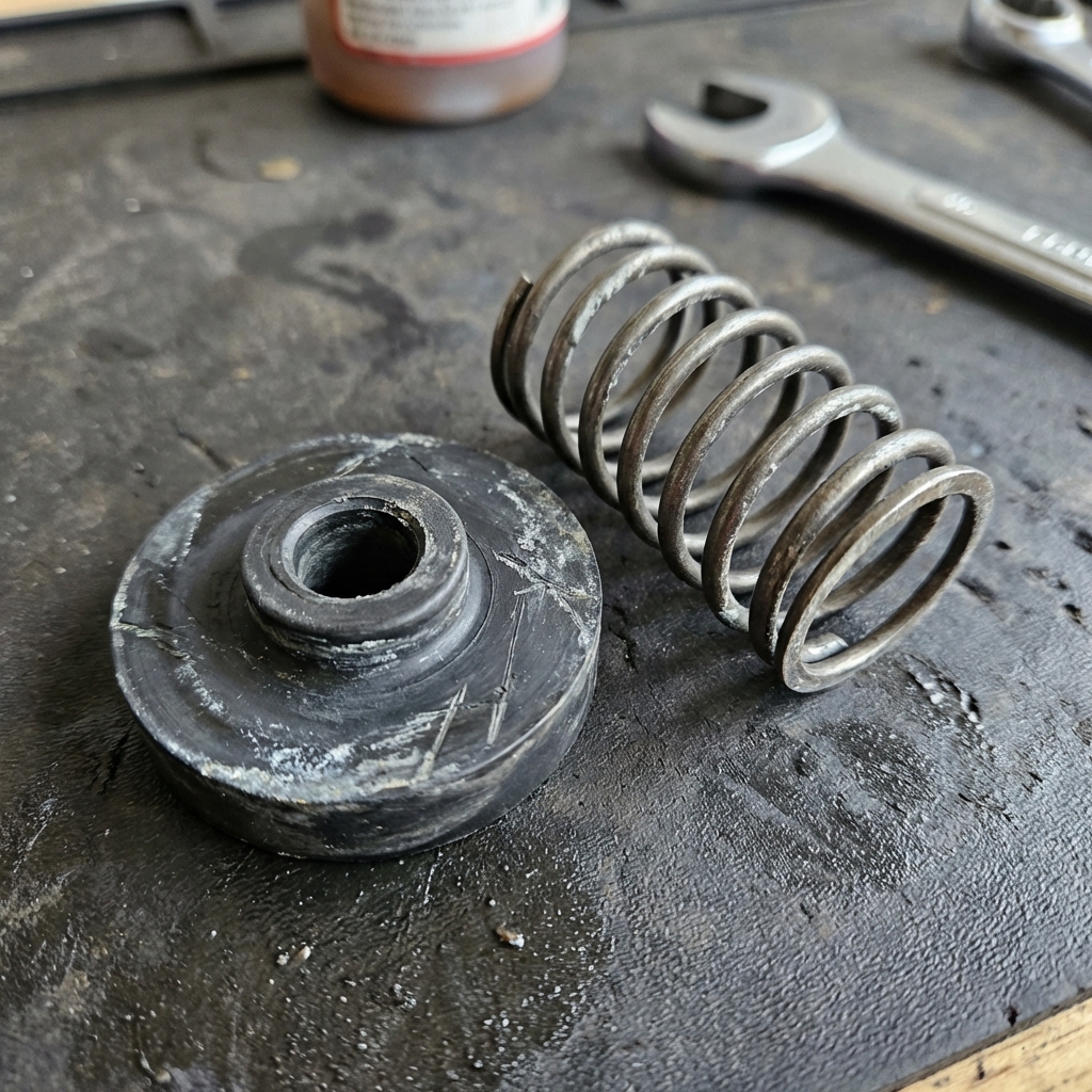 Close-up of worn rubber check valve disc and spring removed from a backflow preventer during a repair, sitting on a technician's work mat