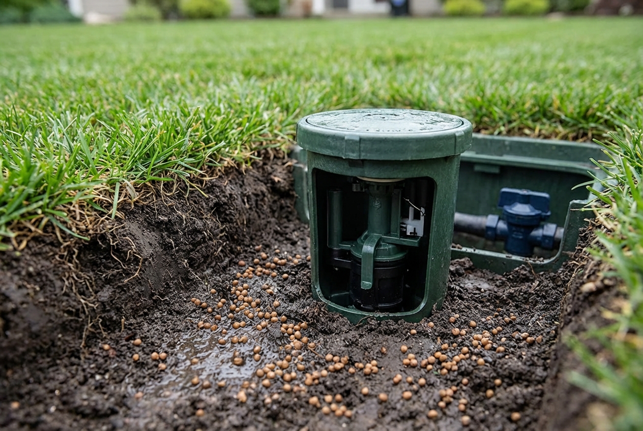 Cutaway view of an in-ground sprinkler head surrounded by wet soil and fertilizer granules near a residential lawn