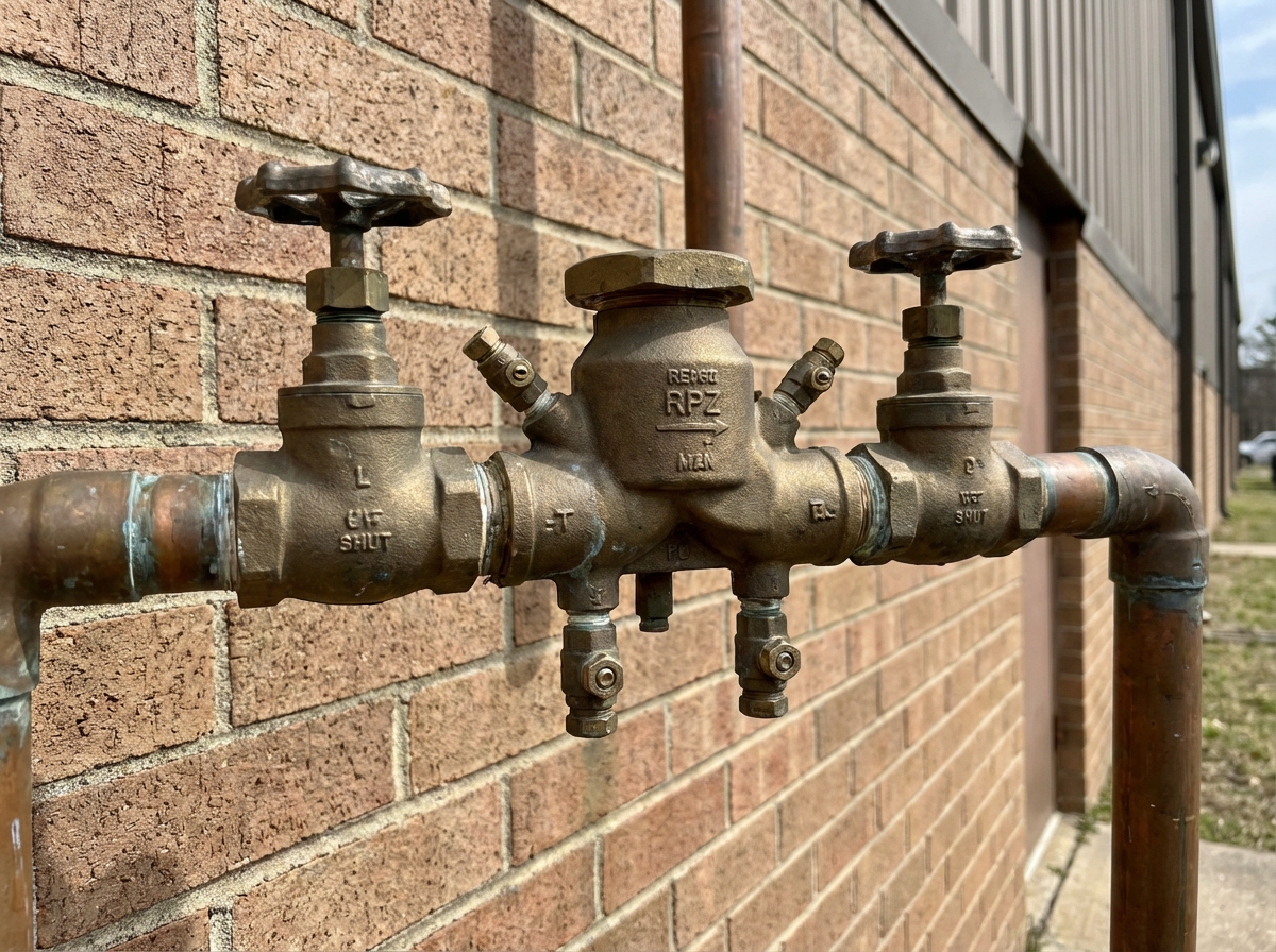 Brass RPZ backflow preventer assembly with test cocks and shut-off valves mounted on copper piping beside a building exterior