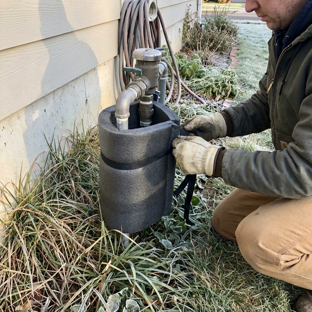 Homeowner wrapping an outdoor backflow preventer with a foam insulation cover before winter with frost visible on nearby grass