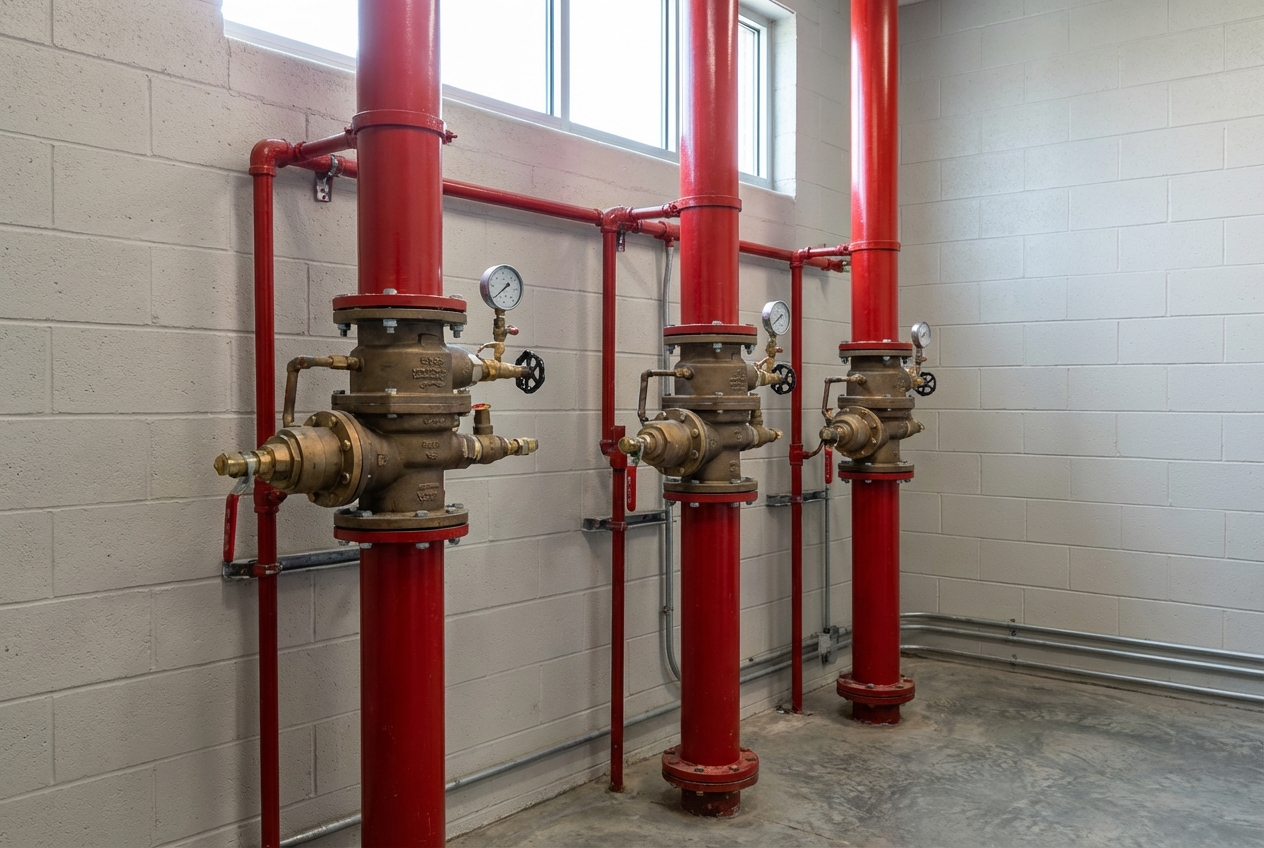 A row of large red fire sprinkler risers with backflow preventer assemblies and gauges in a commercial building mechanical room