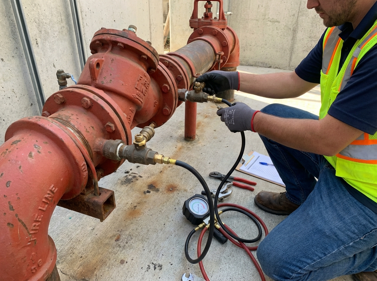 A certified backflow tester attaching differential pressure gauge test kit to a large fire line backflow preventer assembly with test cocks open
