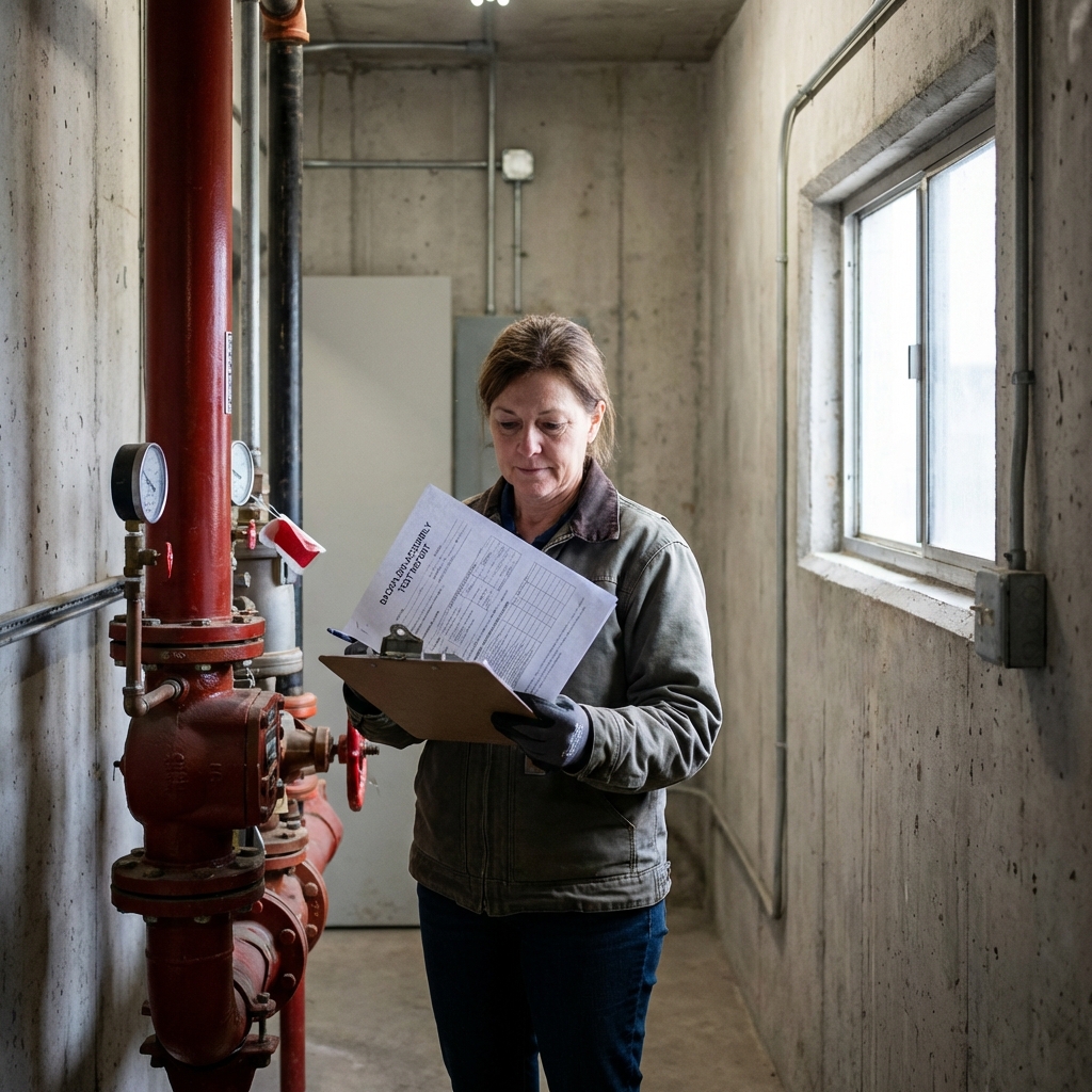 A property manager reviewing backflow test report paperwork next to a fire sprinkler riser in a building utility corridor