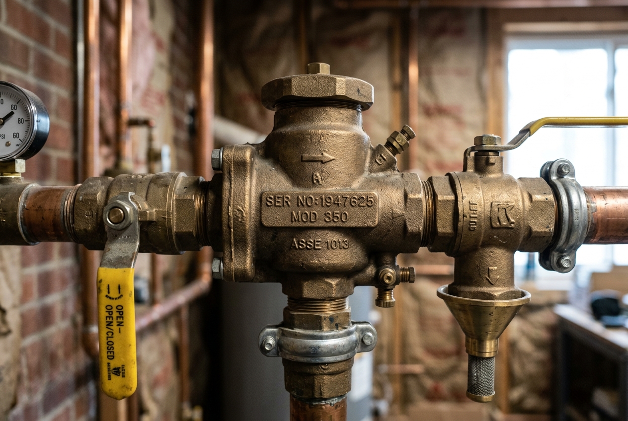 Close-up of a brass RPZ backflow preventer body showing a stamped serial number on the casting between two shutoff valves