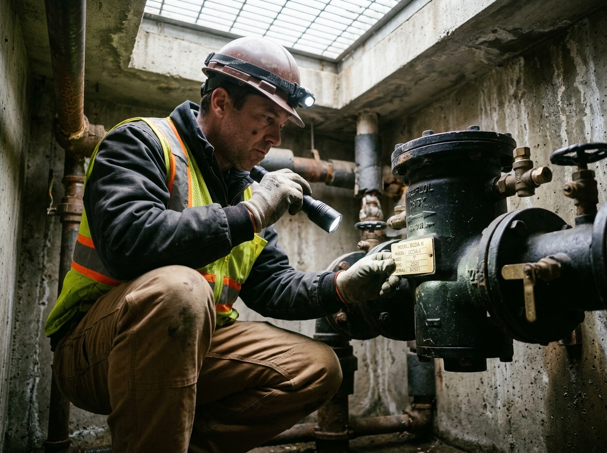 Property manager using a flashlight to inspect a backflow preventer identification tag inside an underground vault