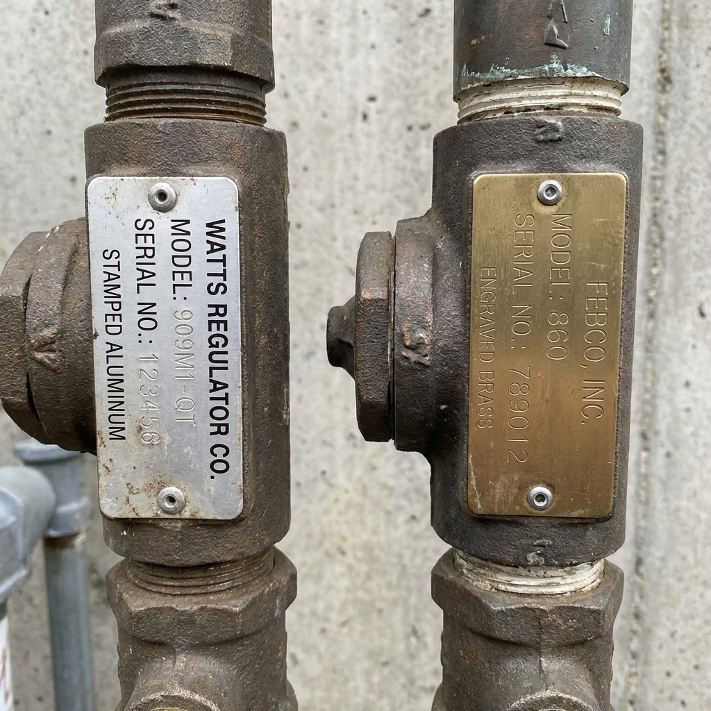 Side-by-side comparison of two different manufacturer metal identification tags on backflow prevention devices showing model and serial number labels