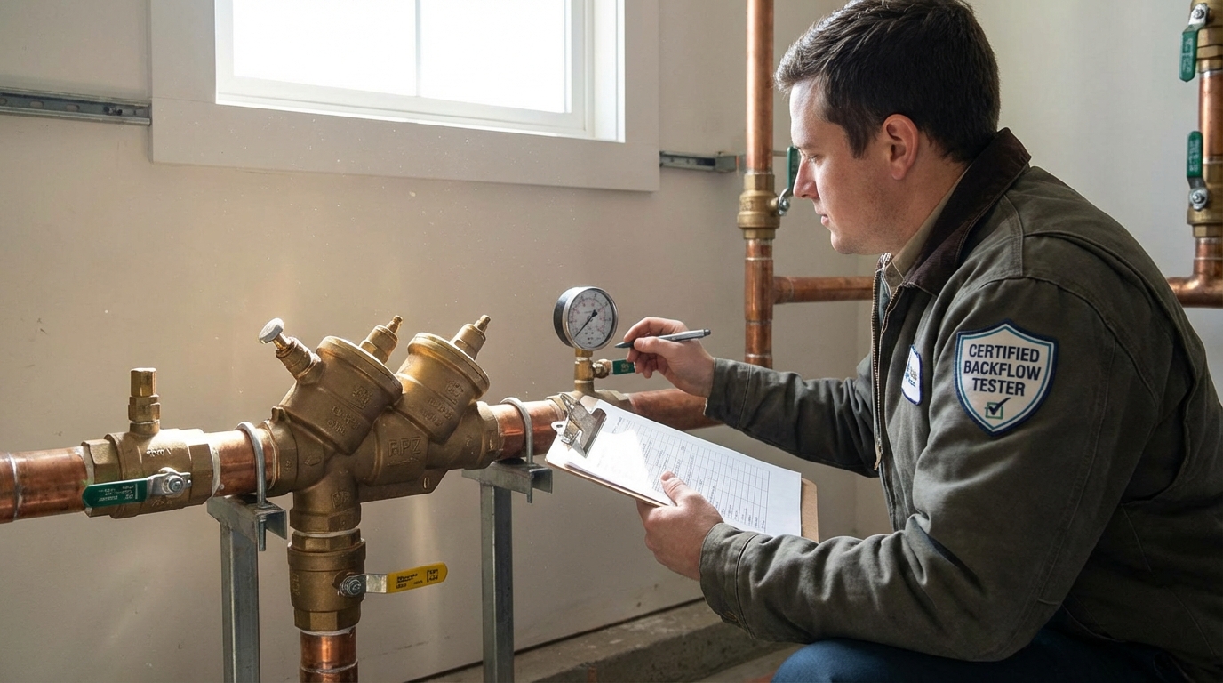 Certified backflow tester recording pressure gauge readings on a clipboard next to an RPZ valve assembly in a mechanical room