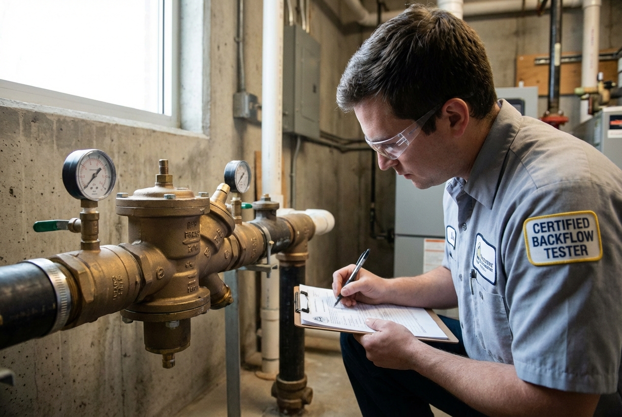 Certified backflow tester recording pressure gauge readings on a clipboard next to an RPZ valve assembly in a mechanical room
