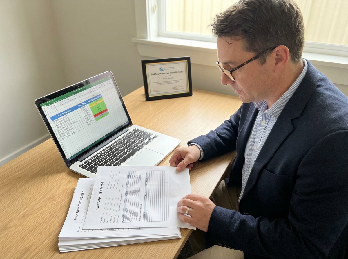 Property manager reviewing a stack of backflow test reports at a desk with a laptop showing a compliance tracking spreadsheet