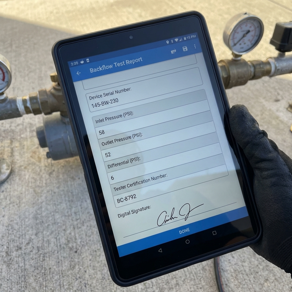 Close-up of a tablet screen showing a digital backflow test report form with fields for device serial number, test pressures, and tester certification number
