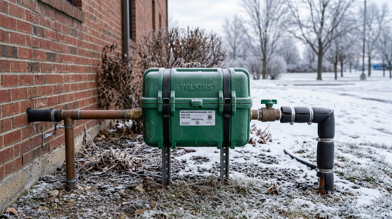 Insulated backflow preventer enclosure mounted on outdoor piping during winter with frost visible on surrounding ground