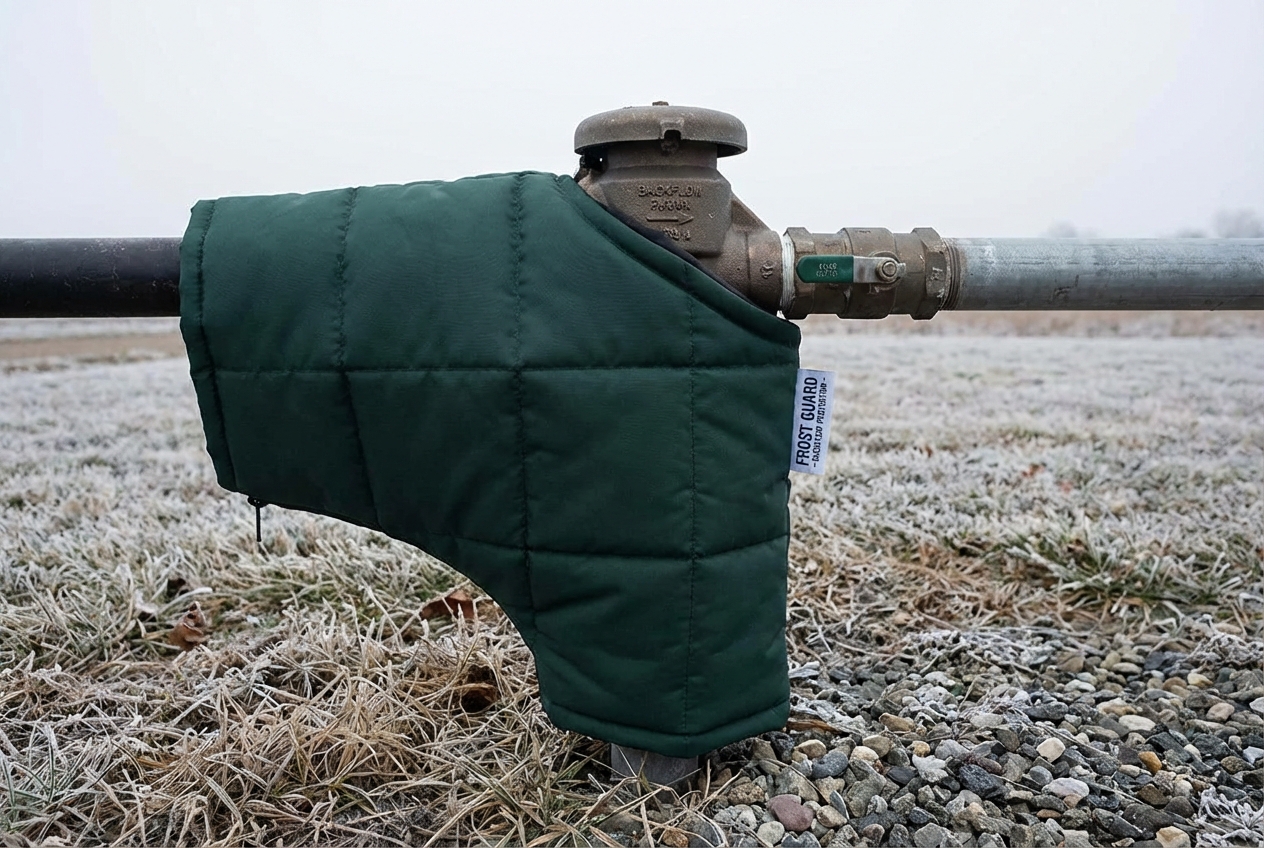 Insulated backflow preventer enclosure on an outdoor pipe during winter with frost on surrounding ground