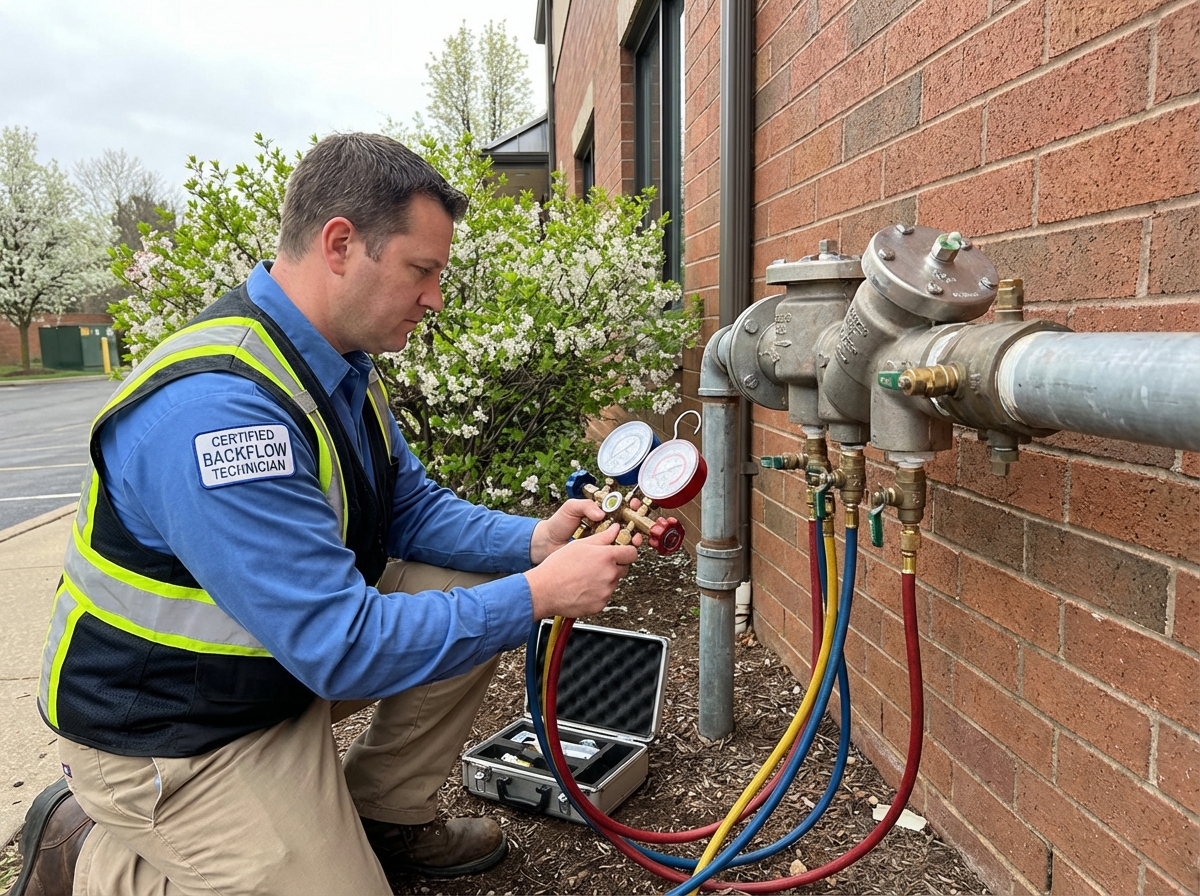 Certified technician with test kit gauges connected to a backflow preventer assembly on the side of a commercial building in spring