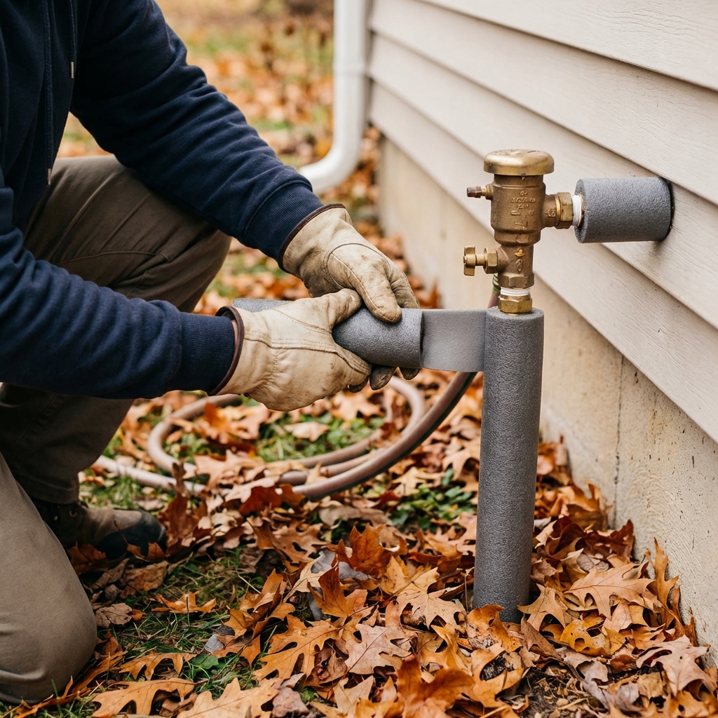 Homeowner wrapping outdoor backflow preventer pipes with foam insulation tape in a fall yard with leaves on the ground