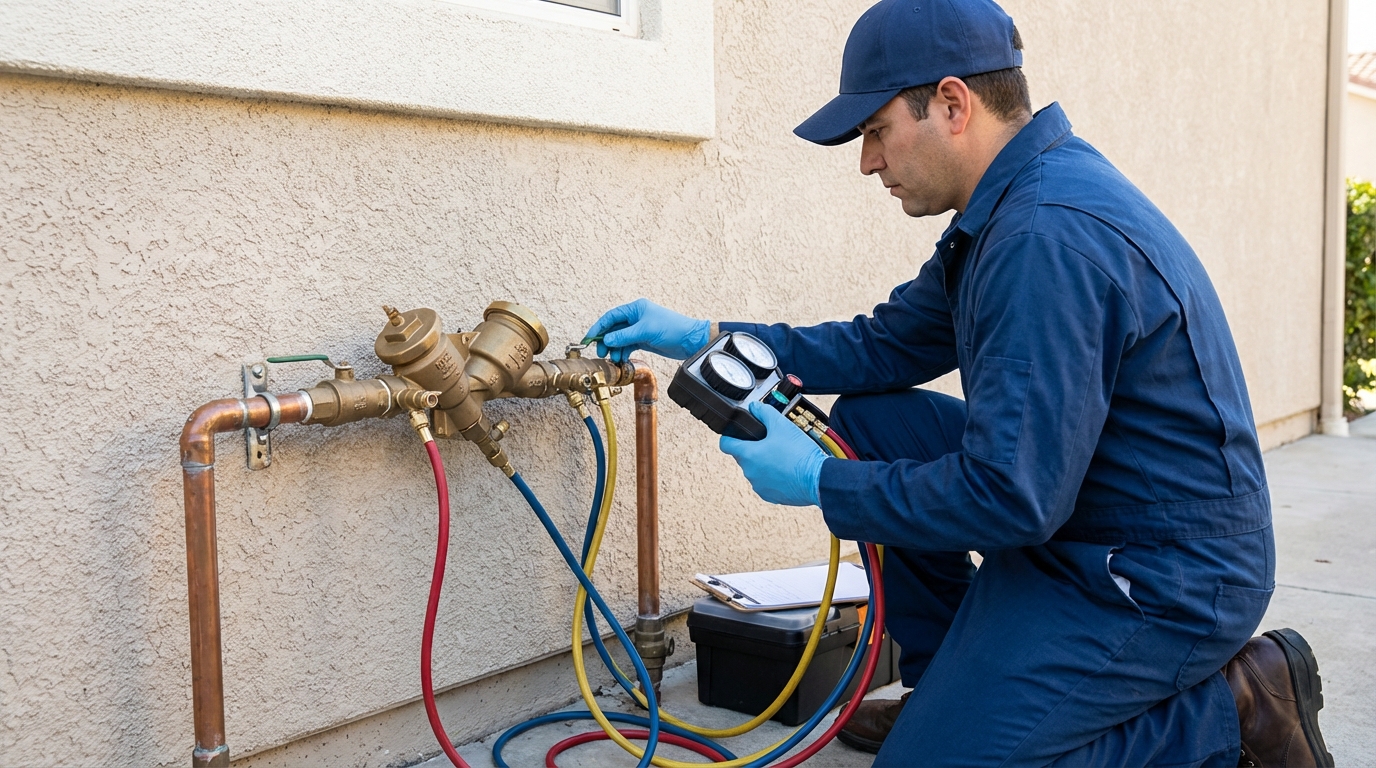 Backflow tester connecting a differential pressure gauge kit to an RPZ assembly mounted on an outdoor wall