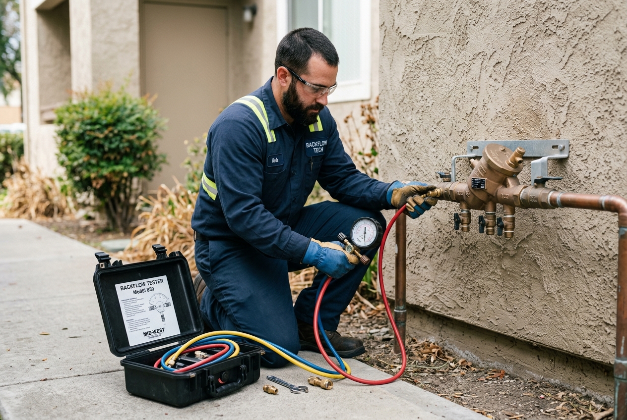 Backflow tester connecting a differential pressure gauge kit to an RPZ assembly mounted on an outdoor wall