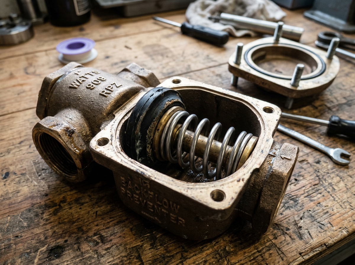 Close-up of a backflow preventer opened for repair showing internal rubber disc and spring components on a workbench