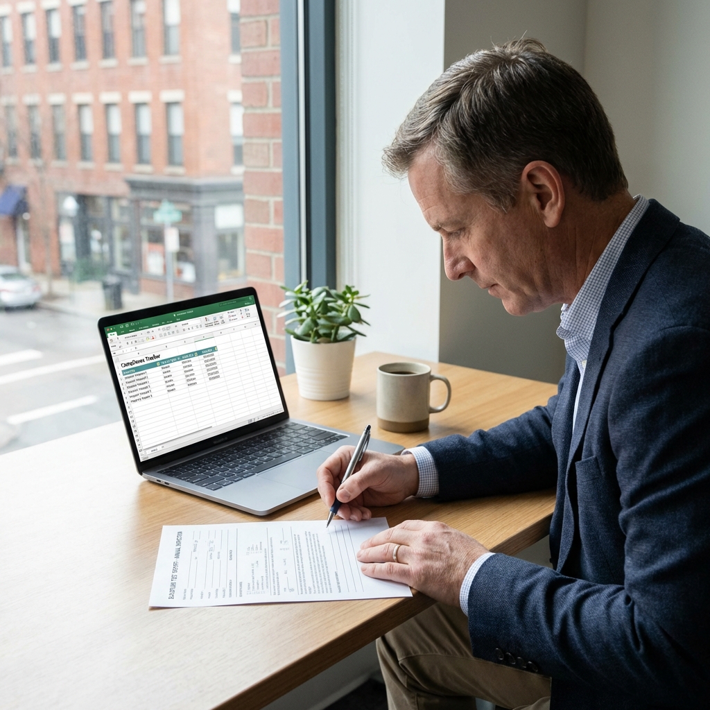Property manager reviewing a backflow test report document at a desk with a laptop showing a compliance tracking spreadsheet