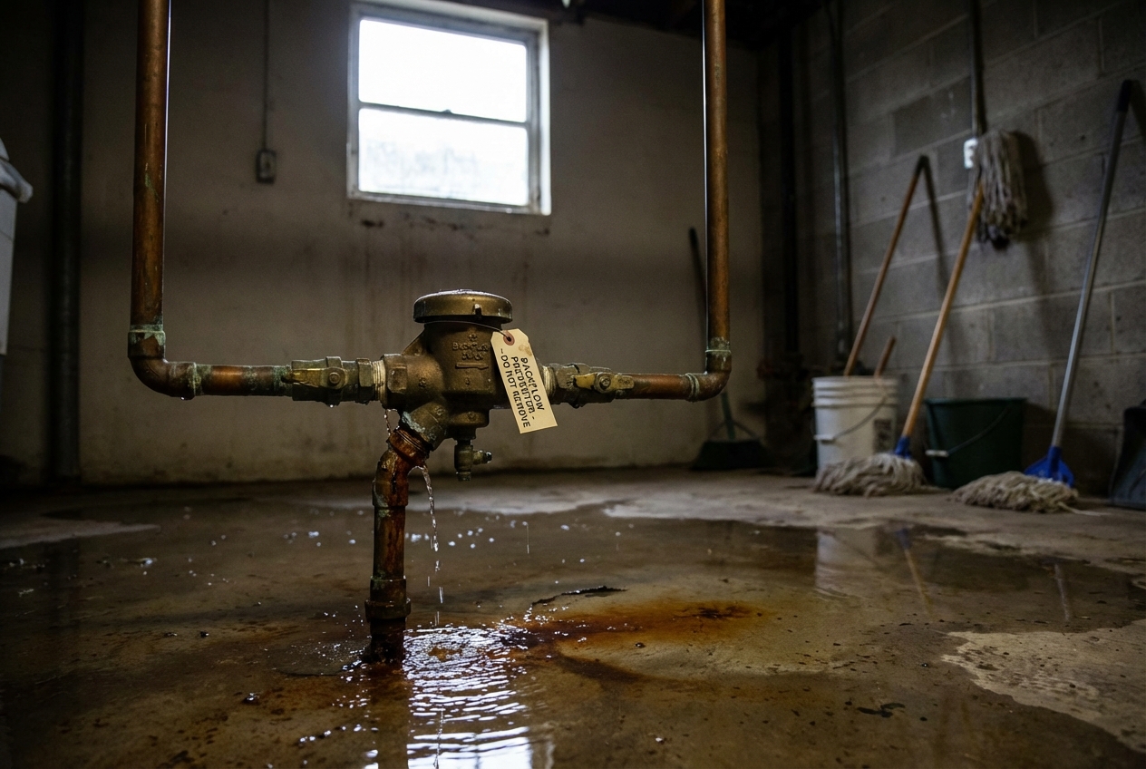 Flooded utility room with water pooling around a failed backflow preventer mounted on copper piping