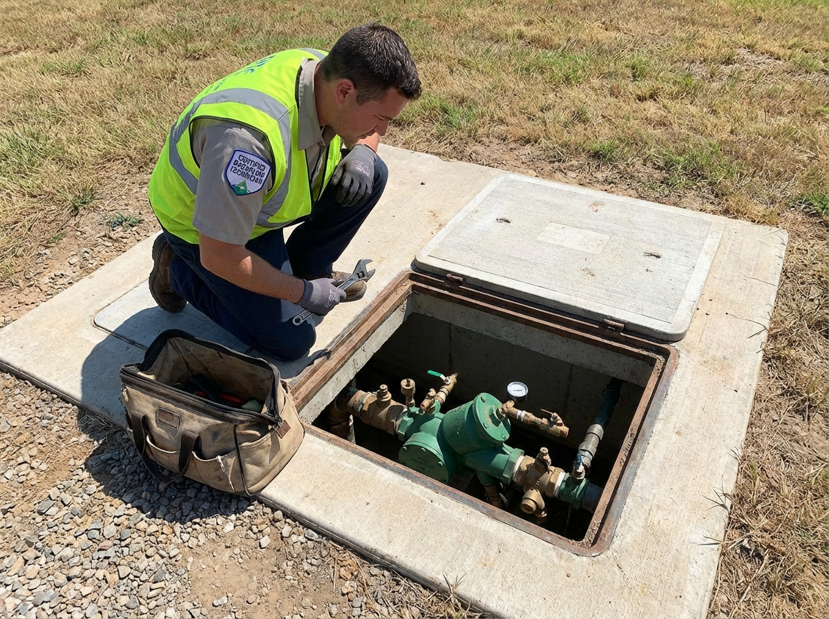 Certified backflow technician with tool bag kneeling beside an open RPZ valve assembly in a ground-level vault